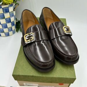 Gucci Brown Leather Loafers with Gold Buckle